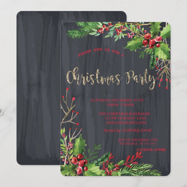 Invitation Baies de houx, Soirée de Noël de la société Black (Devant / Derrière)