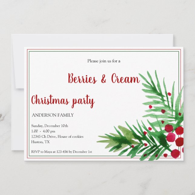 Invitation Baies de Noël et Crème en Rouge et Vert (Devant)