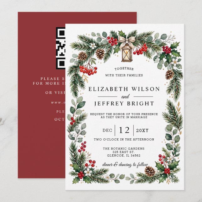 Invitation Baies de pin Hiver Noël Code QR Mariage  (Devant / Derrière)
