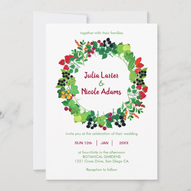 Invitation Baies Fleurs Fruits Botanique Mariage Rouge Noir (Devant)