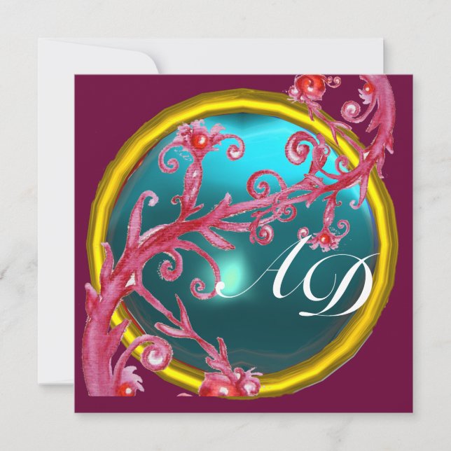 Invitation BAIES MAGIQUES 4, MONOGRAMME aigue-marine bleue (Devant)