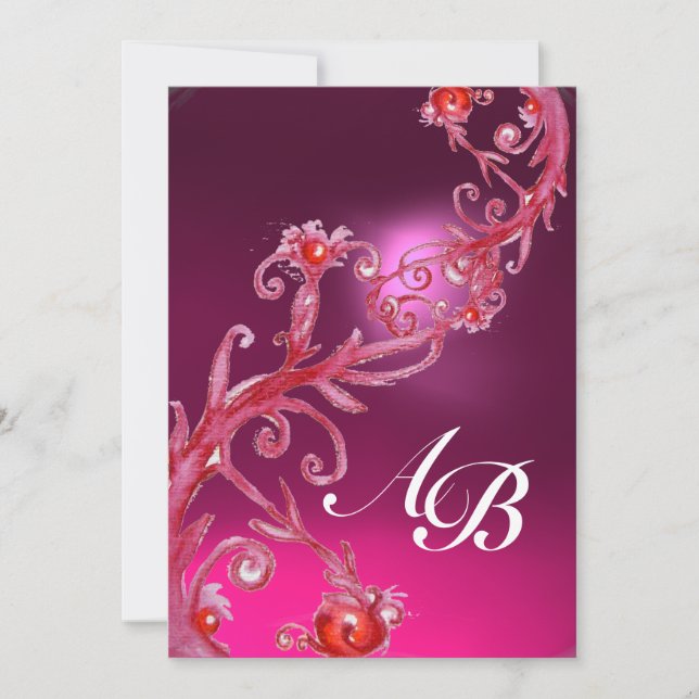 Invitation BAIES MAGIQUES, MONOGRAMME améthyste rose rouge (Devant)