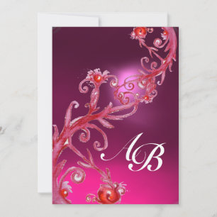 Invitation BAIES MAGIQUES, MONOGRAMME améthyste rose rouge