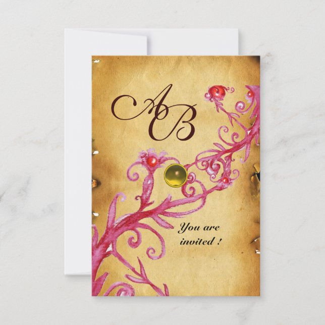 Invitation BAIES MAGIQUES  MONOGRAMME  Jaune Parchemin rsvp (Devant)