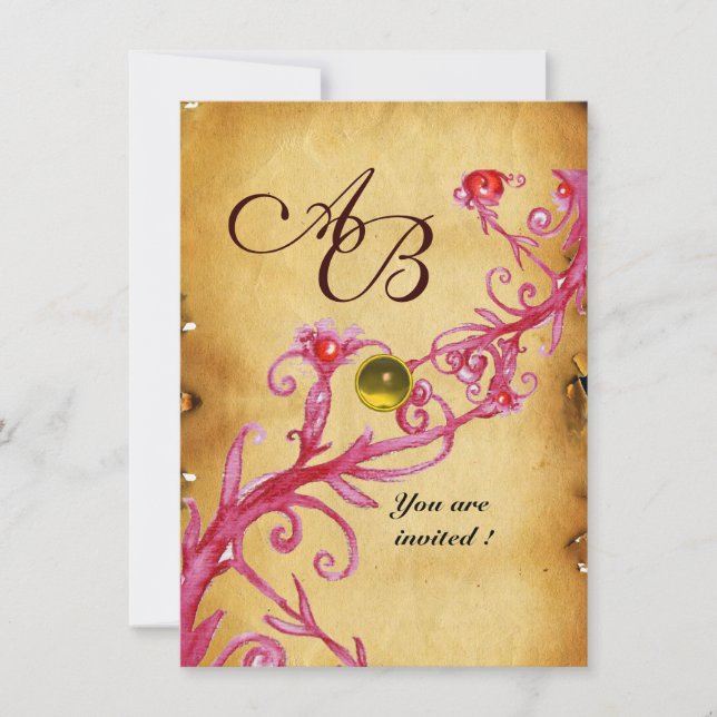 Invitation BAIES MAGIQUES  MONOGRAMME  Parchemin Jaune rsvp (Devant)