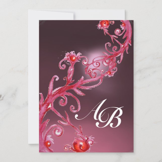 Invitation BAIES MAGIQUES, Monogramme rose améthyste rouge (Devant)
