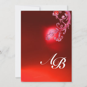 Invitation BAIES MAGIQUES,MONOGRAMME rouge rubis fuchsia blan