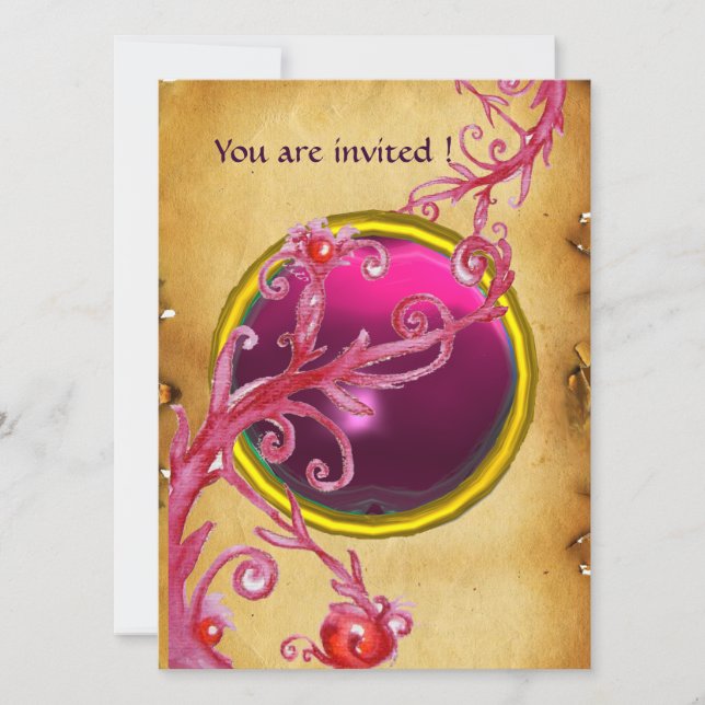 Invitation BAIES MAGIQUES PARCHEMIN GEMME rouge rubis (Devant)