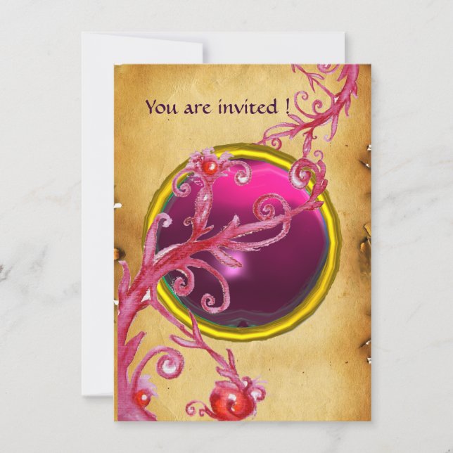 Invitation BAIES MAGIQUES PARCHEMIN GEMME rouge rubis (Devant)