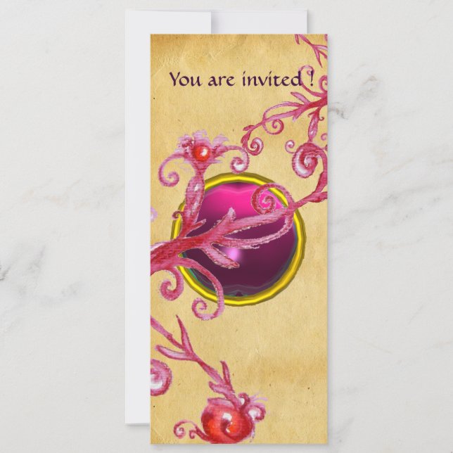 Invitation BAIES MAGIQUES PARCHEMIN GEMME rouge rubis (Devant)