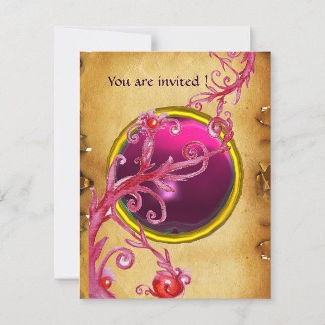 Invitation BAIES MAGIQUES PARCHEMIN GEMME rubis rouge (Devant)