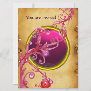 Invitation BAIES MAGIQUES PARCHEMIN GEMME rubis rouge