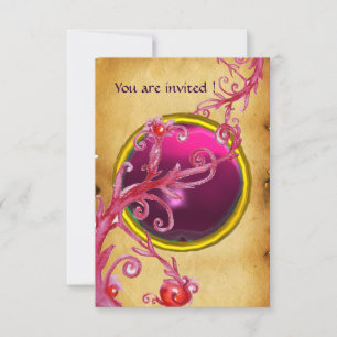 Invitation BAIES MAGIQUES PARCHEMIN GEMME rubis rouge