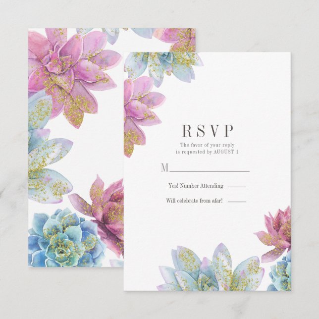 Invitation Baies Menthe & Jardin de Succulents Dorés Mariage  (Devant / Derrière)