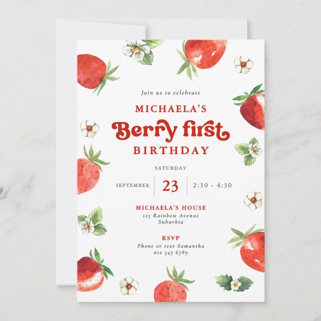 Invitation Baies Premier Anniversaire Aquarelle Fraises (Devant)