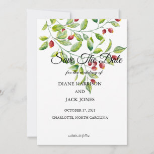 Invitation Baies roses et feuillage vert Enregistrer la date