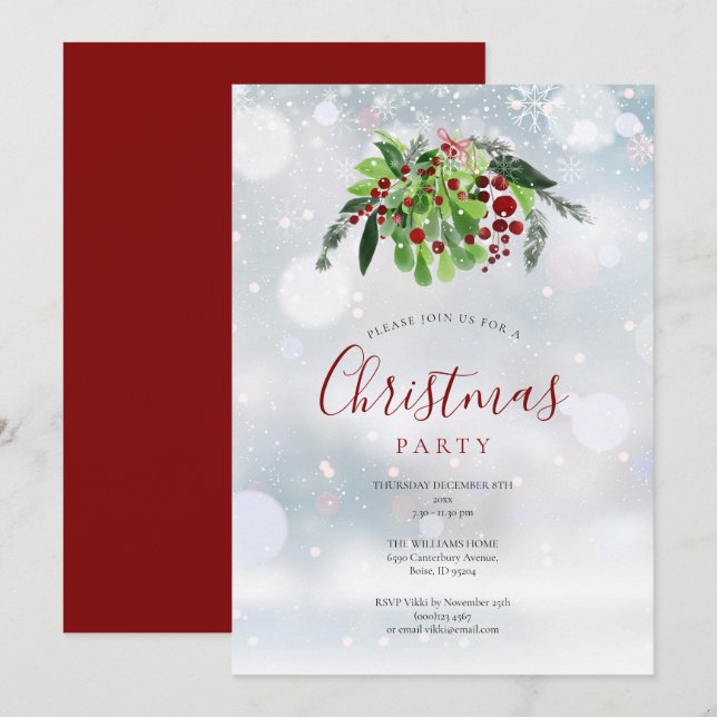 Invitation Baies Rouges de Noël Flocons de Neige Fête de Fins (Devant / Derrière)