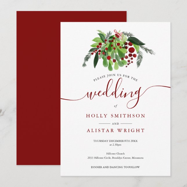 Invitation Baies Rouges de Noël Mariage d'Hiver (Devant / Derrière)