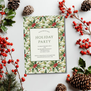 Invitation Baies rouges et houx vert pour fête de Noël et vac