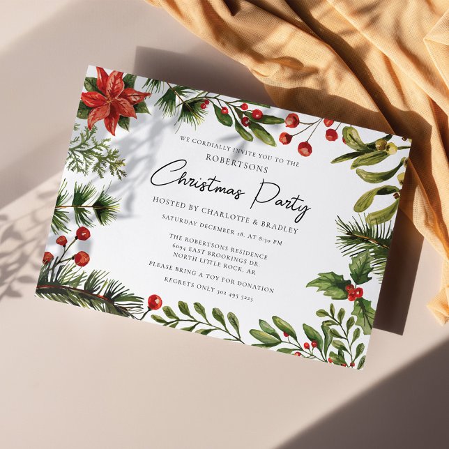 Invitation Baies Rouges Florales Verdure Écriture Soirée de N (Poinsettia Mistletoe Christmas Party Invitation)
