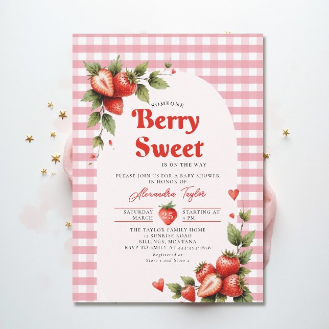 Invitation Baies Sucrées Jardin de Gingham Baby Shower (berry sweet baby shower invitation fruit theme strawberry watercolor summer garden cottagecore pink)