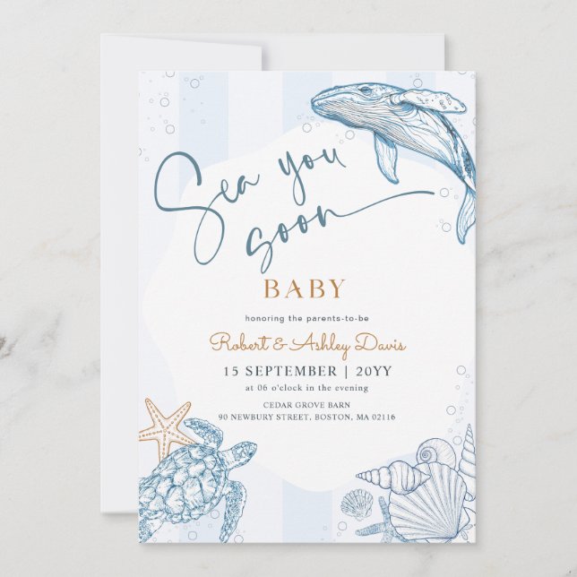 Invitation Baignade Baleine Mer Vous Bientôt Baby Shower (Devant)