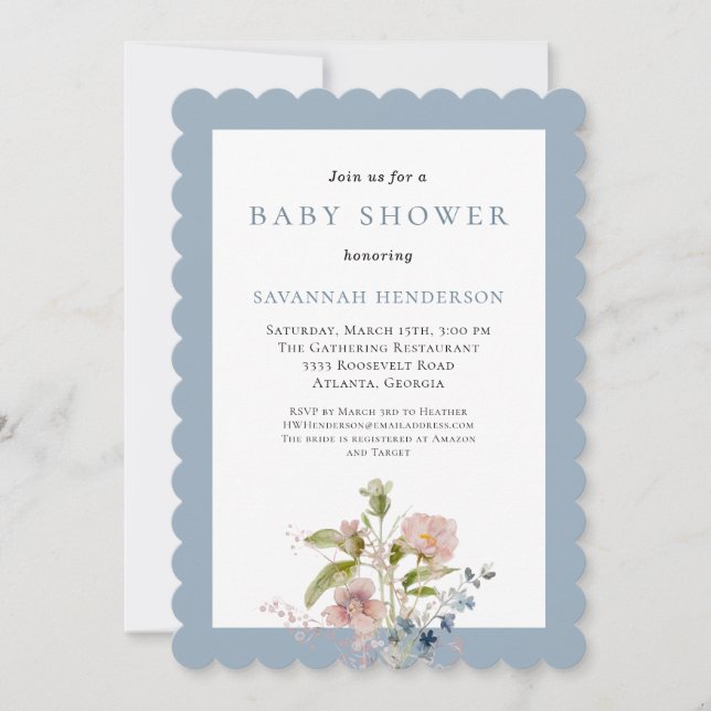 Invitation Baignade Bébé Fleur Sauvage Aquarelle Bleue Élégan (Devant)