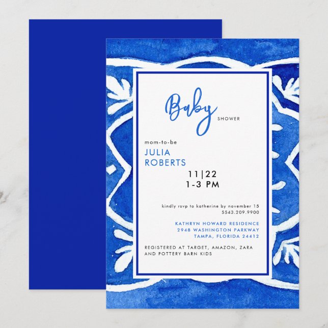 Invitation Baignade de bébé Carreau Méditerranéen Bleu Cobalt (Devant / Derrière)