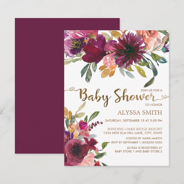 Invitation Baignade de bébé élégante violet rose or floral sc (Devant / Derrière)