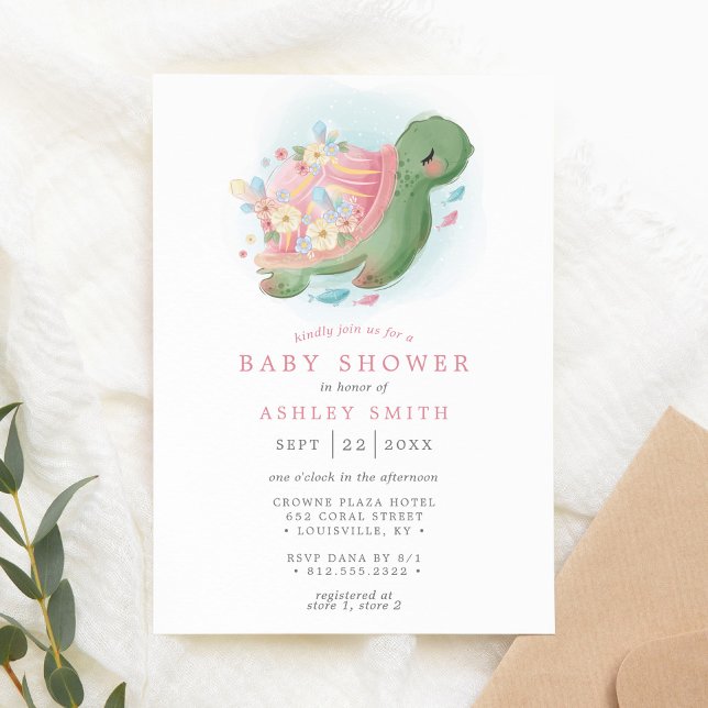 Invitation Baignade Florale Tortue de Mer Naissance Rose Fill (Créateur téléchargé)