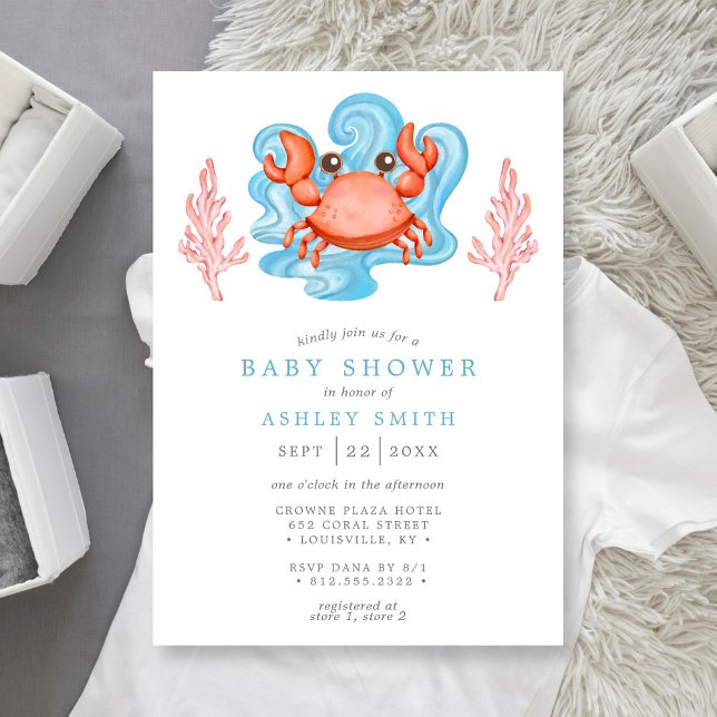 Invitation Baignade Naissance Bébé Aquarelle Crabe Marin (Créateur téléchargé)