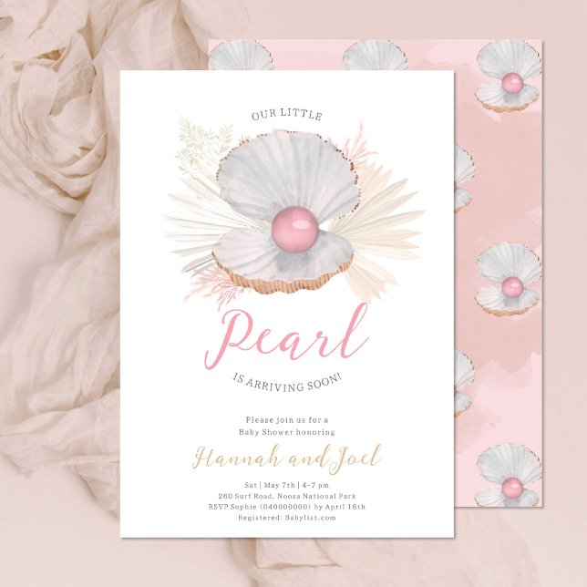 Invitation Baignade Perle de Mer Coquillage Rose Fille Baby S (Créateur téléchargé)