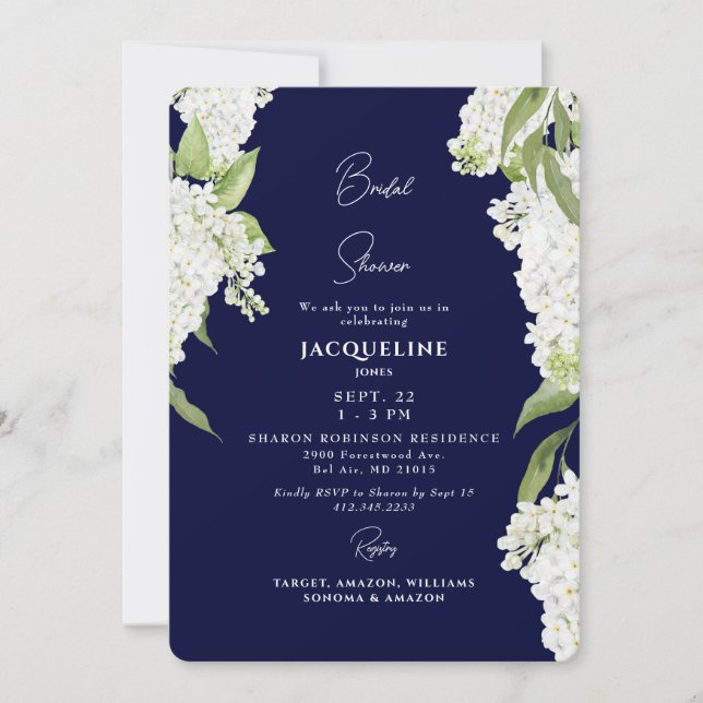 Invitation Baigne de mariage aux Hortensias Blancs et Navy (Devant)
