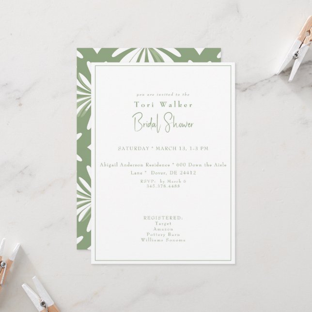 Invitation Baigne de mariage bohème vert et blanc (Devant/Arrière en situation)