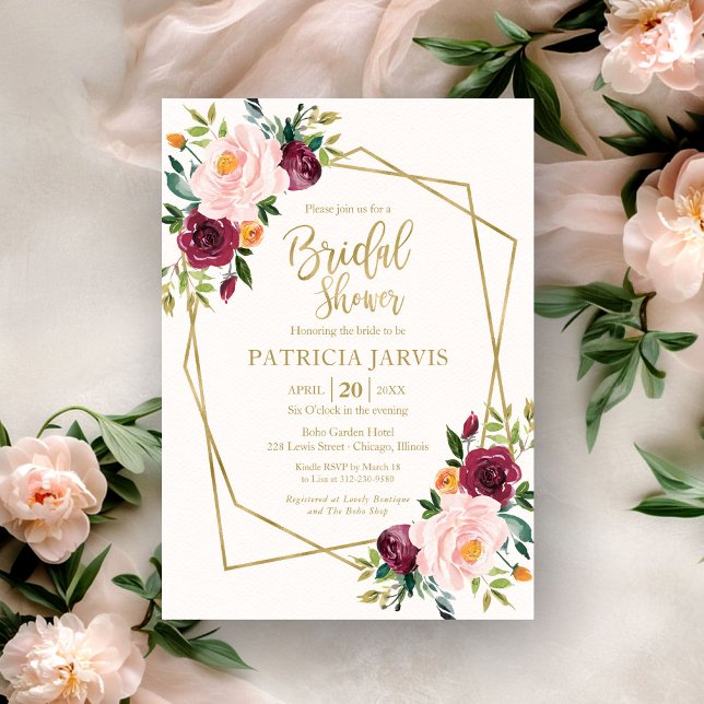 Invitation Baigne de mariage floral géométrique bordeaux (Créateur téléchargé)