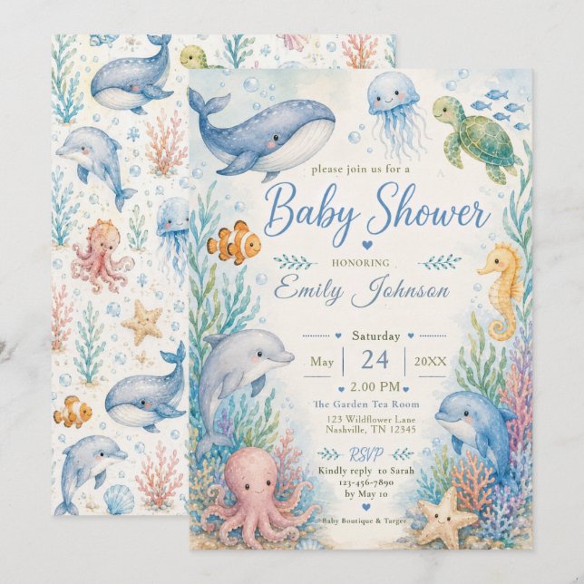Invitation Baignée Bébé Sous l'Océan (Devant / Derrière)