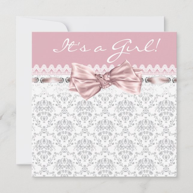 Invitation Baignée de bébé fille rose gris damassé (Devant)