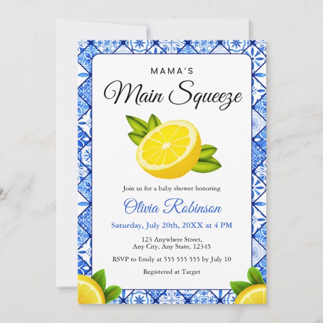 Invitation Baignée de bébé Fleur de Citron de Tuile Bleue de  (Devant)