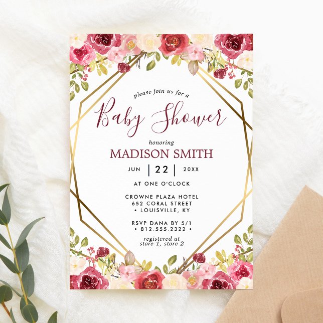 Invitation Baignée de bébé géométrique floral Bourgogne Or (Créateur téléchargé)