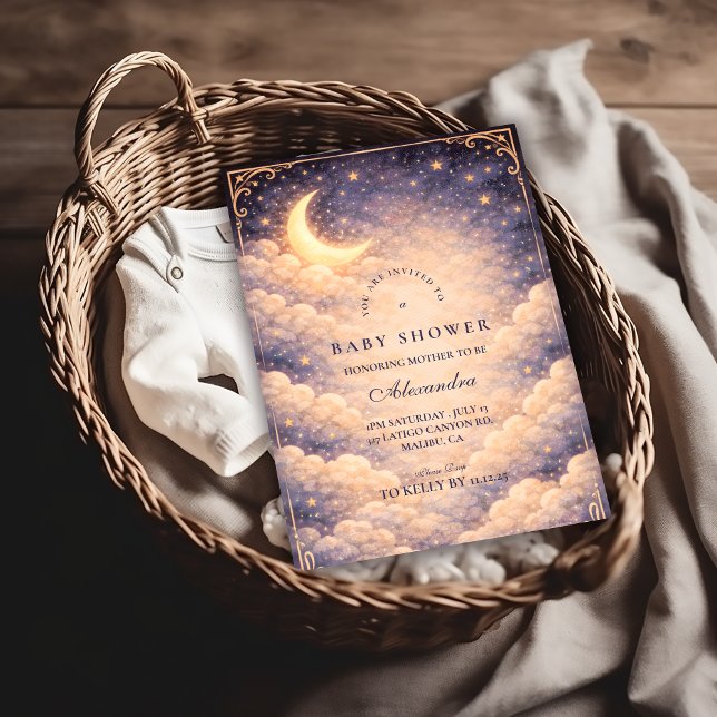 Invitation Baignée de bébé Lune Étoiles Célestes Neutre (Créateur téléchargé)