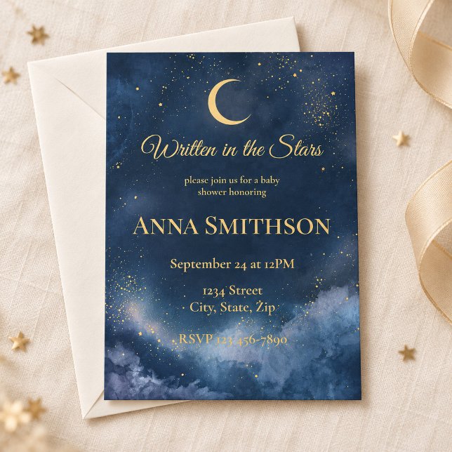 Invitation Baignée de bébé Lune & Etoiles Or Navy (Navy and gold moon-and-stars baby shower invitation on ivory linen. Gold details are printed artwork.)