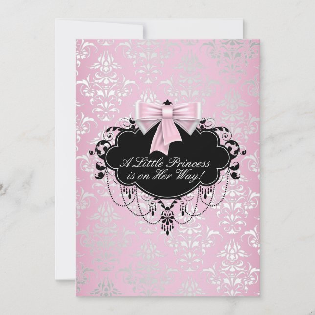 Invitation Baignée de bébé princesse élégante argent rose noi (Devant)