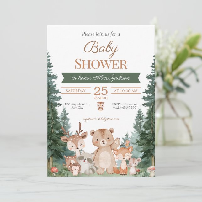 Invitation Baigneuse Bébé Fête Bohème Végétal Forêt Animaux (Debout devant)