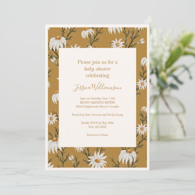 Invitation Baigneuse Bébé Jaune Fleurs de Marguerites Bohème  (Debout devant)