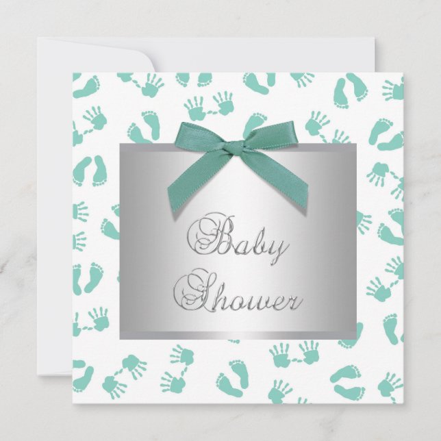Invitation Baigneuse bébé mains pieds vert menthe Baby Shower (Devant)