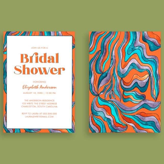 Invitation Baigneuse de mariage bohème rétro orange typograph (Front and Back)