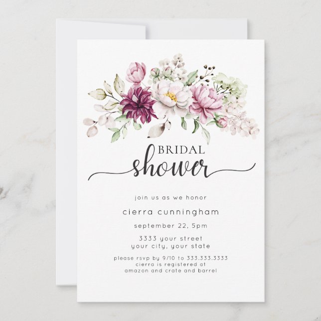 Invitation Baigneuse de mariage floral bordeaux et rose (Devant)