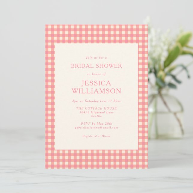 Invitation Baigneuse de mariage rose à carreaux Gingham vinta (Debout devant)