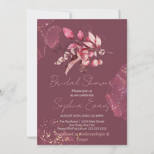 Invitation Baigneuse Rouge Fleurs & Verdure Bordeaux Enterrem (Devant)