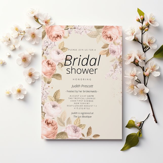 Invitation Baigneuse rustique rose corail ivoire Fête de mari (Boho rustic pink coral ivory floral Bridal Shower)